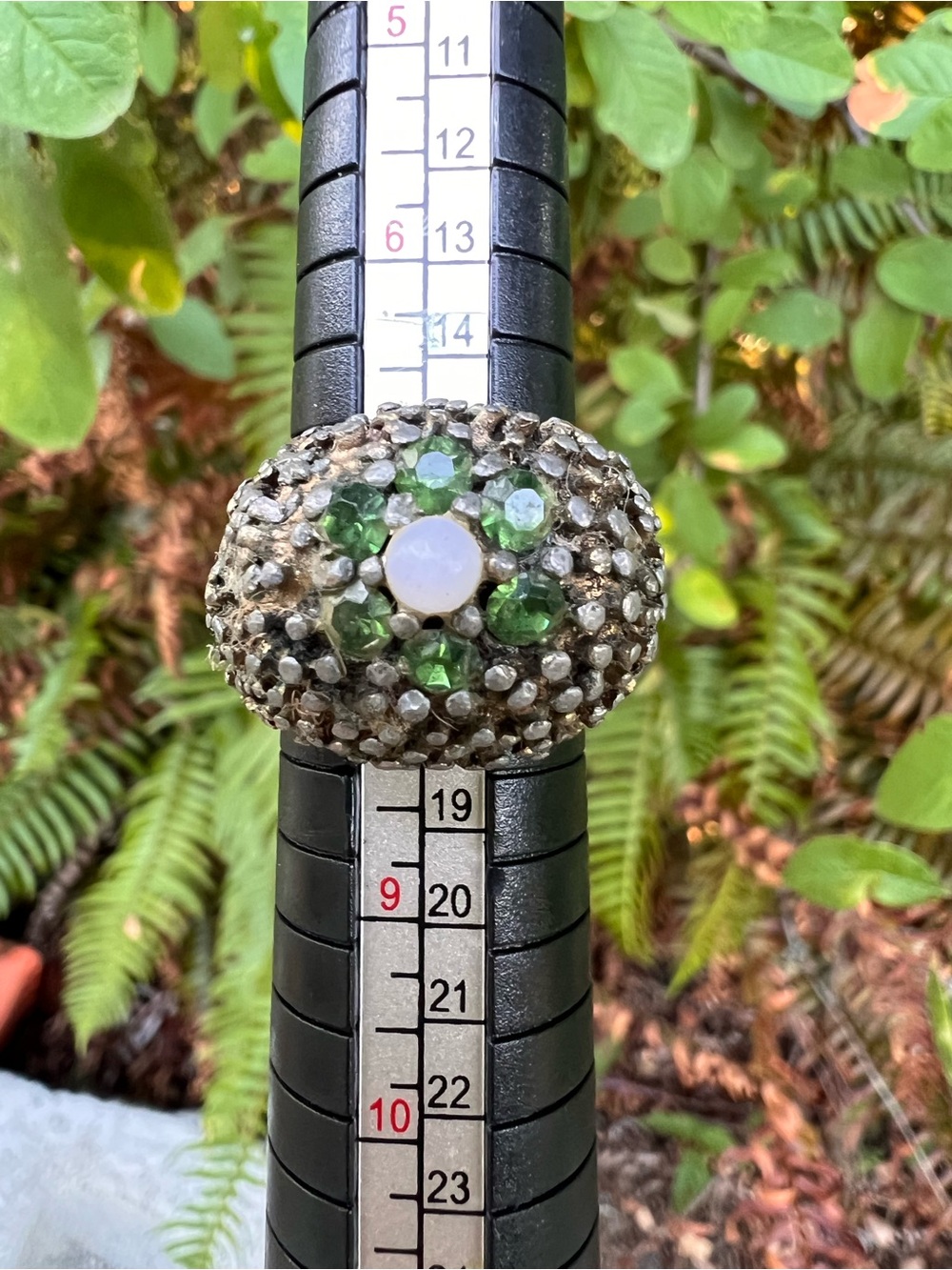Vintage Green Crystal Dome Cocktail Ring with Opalescent Center